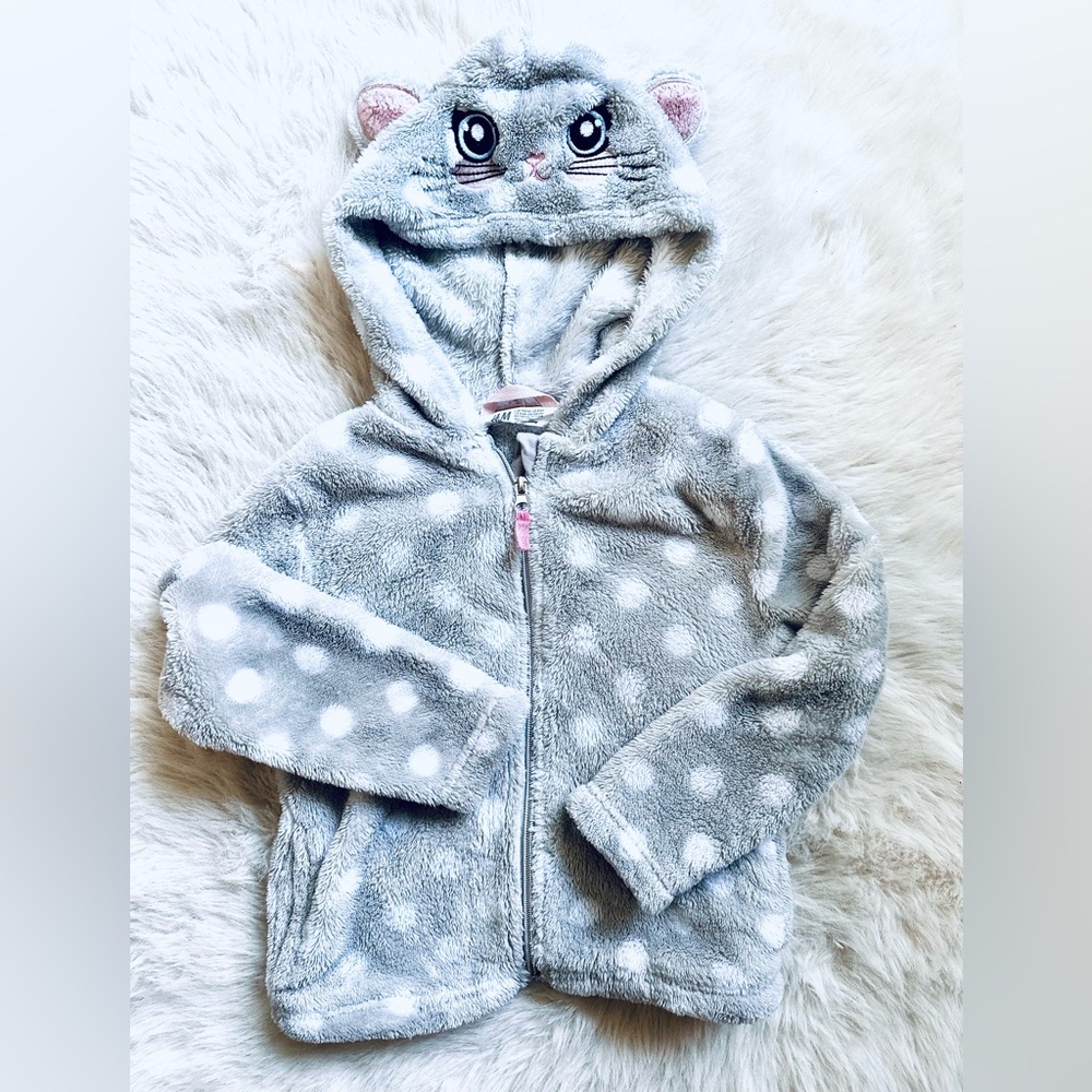 H&M Light Gray and White Polka Dots Fleece Jacket with Cat Hoodie Girls Size 4-6